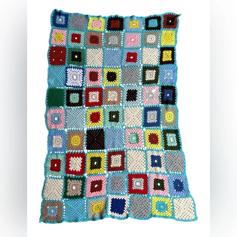 Retro Granny Square Crochet Afghan Blanket Throw Handmade Colorful 63x42” Boho